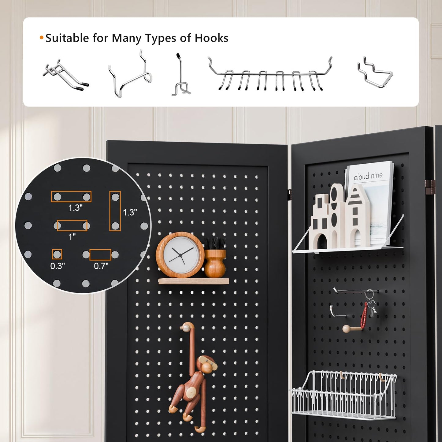 Bonnlo 4/6 Panel Pegboard Freestanding, 5 FT Portable Display Board Organizer for Craft Show Jewelry, Wooden Folding Privacy Screen Room Divider (Black, 6 Panel with Base)