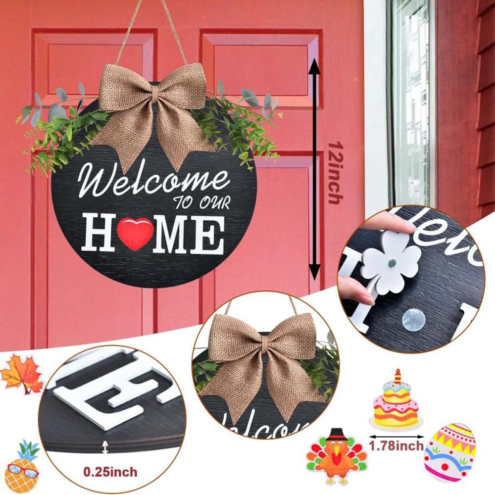 Welcome Wreaths Sign Wreaths Interchangeable Wooden Seasonal Welcome Sign Welcome to Our Home Wreath with Burlap Bow, Greenery and Seasonal Ornaments 12" Decrations for All Seasons