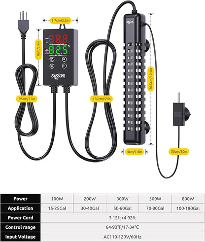 SEAOURA Aquarium Heater, 300W Fish Tank Heater for 50-60 Gallon, Submersible Heater for Aquarium with Over-Temperature Protection, Intelligent Controller & Auto Power-Off