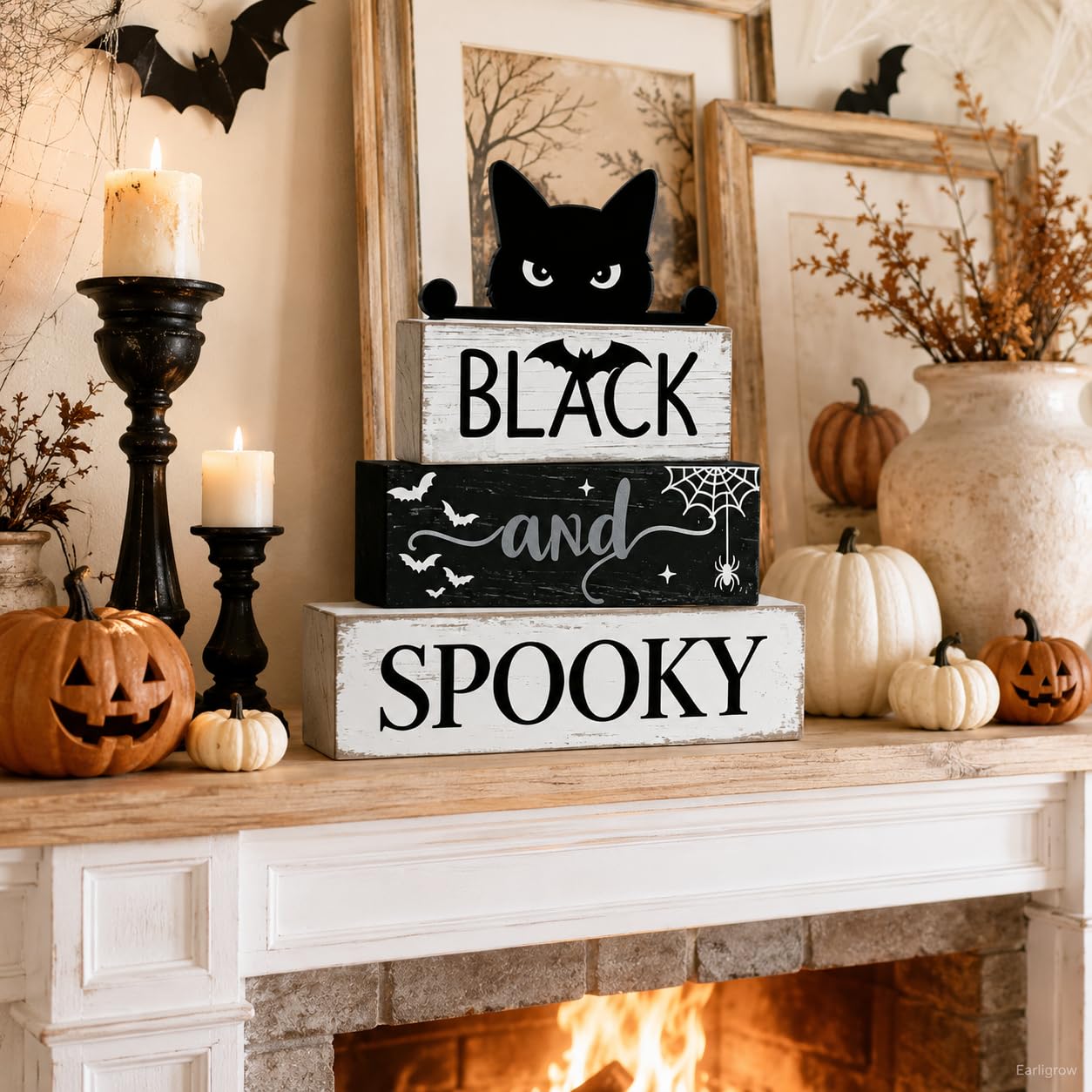 4 Pcs Halloween Table Decorations Black Cat Wooden Block Signs Black and Spooky Rustic Tiered Tray Decor Farmhouse Halloween Centerpiece with Bat & Spider Web for Home Kitchen Shelf Office Mantel Party Favors