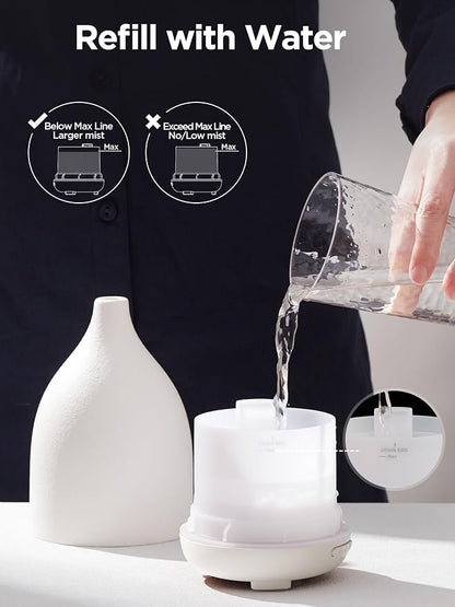 InnoGear Oil Diffuser, 150ML Ceramic Diffuser for Essential Oils Handcrafted Aromatherapy Diffuser Ultrasonic Cool Mist Humidifier with 2 Mist Modes Waterless Auto Off for Room Office, White Base