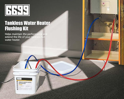 Tankless Water Heater Flushing Kit Includes 1/4HP Submersible Sump Pump with Two Adapters & 3 Gallons Pail with Bucket Lid Opener & Two 1/2” Dia X 6’ PVC Hoses with Washers