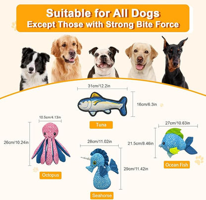 10.63" Recycled Canvas Fish Squeaky Dog Toy, Durable Stuffed Chew Toy for Puppy Teething, Interactive Play for Small Medium Large Dogs, Blue