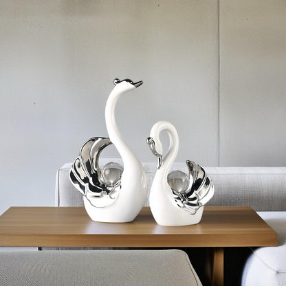 XINDAM A Pair of Swan Figurines Swans Statue with Crystal Ball Model Home Office Display Decorative Craft Living Room Decor (White)
