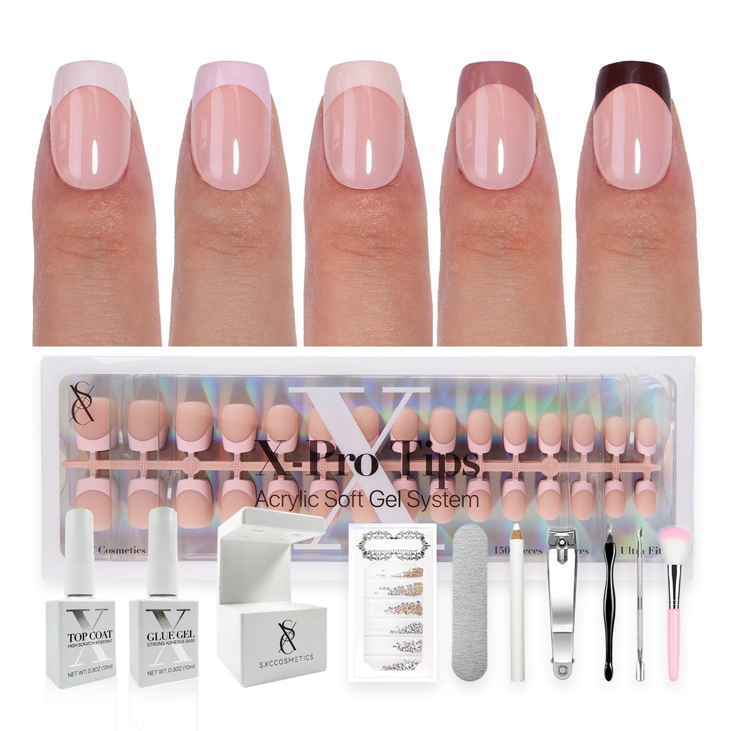 SXC Cosmetics French Tip Press On Nails - Skin Tone Nude and Color Series, Short Coffin X-Pro Tips Starter Kit ST119KIT