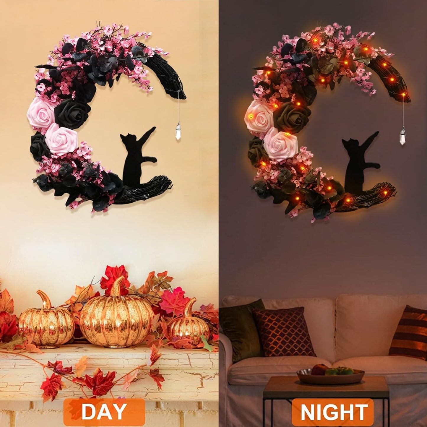 Pink Black Halloween Wreath with Lights, Crescent Moon Cat Pastel Goth Wreath with Rose, Spooky Witchy Gothic Front Door Decor for Indoor Bedroom Wall (Rose)