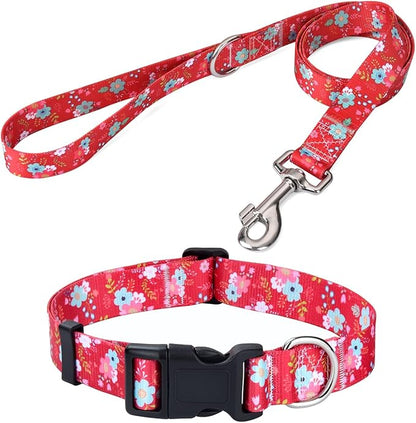 Mihqy Dog Collar and Leash Set with Bohemia Floral Tribal Geometric Patterns - Soft Ethnic Style Collar Adjustable for Small Medium Large Dogs(Red Floral Set,M)