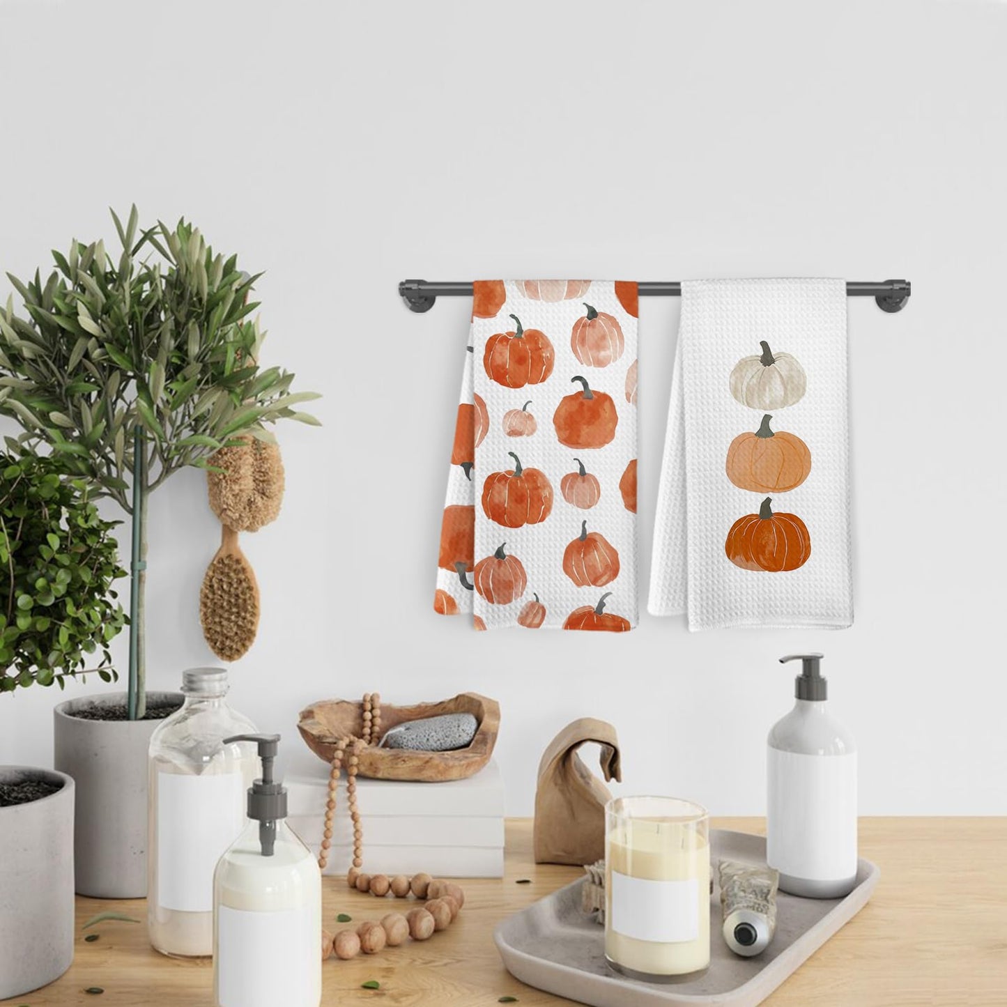 KFXHANGD Fall Pumpkin Decor Kitchen Towels and Dishcloths Set of 2, Fall Thanksgiving Day Hand Dish Towel, Farmhouse Autumn Pumpkins Decorative Hand Tea Towels for Bathroom Kitchen, 16×24 Inch