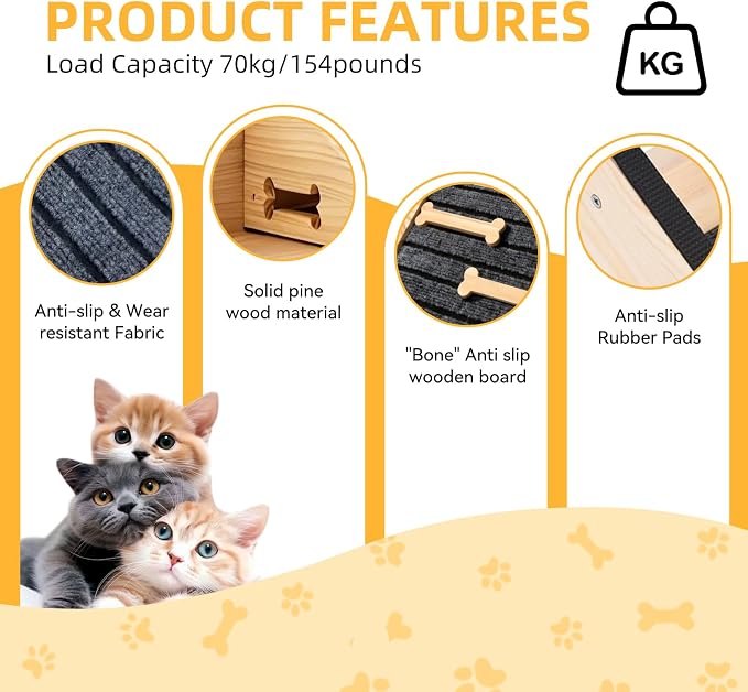 2-Pack Wooden Dog Ramp for Stairs - Natural Pine Wood Pet Step Ramp with Anti-Slip Bone Strips & Felt Padding, Stair Wedge for Small Medium Dogs, Indoor Home Safety Access for Injured Dogs