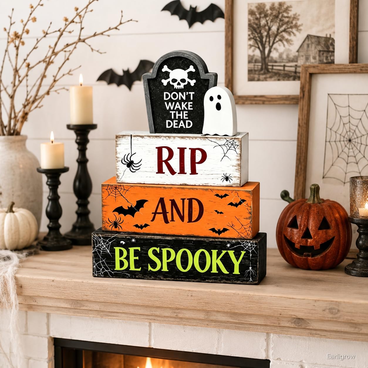 4 Pcs Halloween Table Decorations Ghost Tombstone Wooden Block Signs RIP and be Spooky Rustic Tiered Tray Decor Farmhouse Halloween Centerpiece with Bat for Home Kitchen Shelf Office Mantel