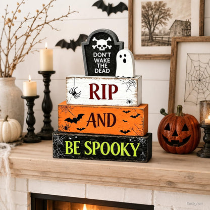 4 Pcs Halloween Table Decorations Ghost Tombstone Wooden Block Signs RIP and be Spooky Rustic Tiered Tray Decor Farmhouse Halloween Centerpiece with Bat for Home Kitchen Shelf Office Mantel