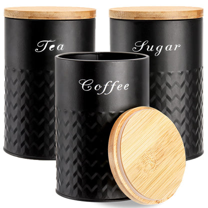 Bekith 3 Pack Kitchen Canisters with Bamboo Lids, Airtight Metal Canister Set, Food Storage Containers Jars for Coffee, Sugar, Tea, Flour, Rustic Kitchen Decor Containers, Black