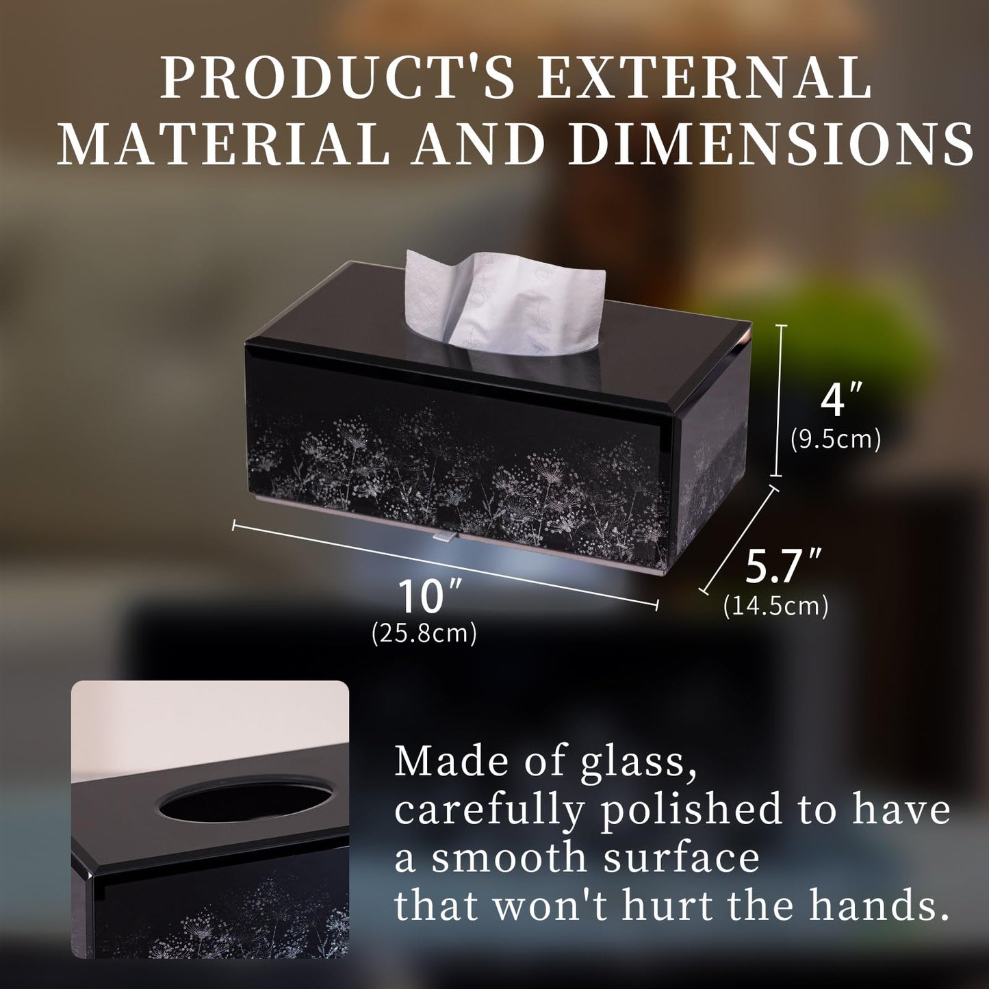 Timetrace Glass Tissue Box Cover Rectangle-Dandelion Pattern Decorative Tissue Holder with Velvet Lining for Home Decor, Bedroom, Kitchen, Office (Black)