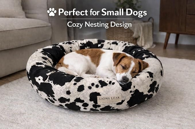 Round Dog Bed – Natural Canvas, Removable Washable Cover, Raw Cotton or Latex Fill, Hypoallergenic Non-Toxic, Made in USA (Cow Print Black White, Small, Firm Support – Raw Cotton)