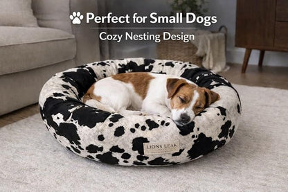Round Dog Bed – Natural Canvas, Removable Washable Cover, Raw Cotton or Latex Fill, Hypoallergenic Non-Toxic, Made in USA (Cow Print Black White, Small, Soft Comfort – Organic Latex)