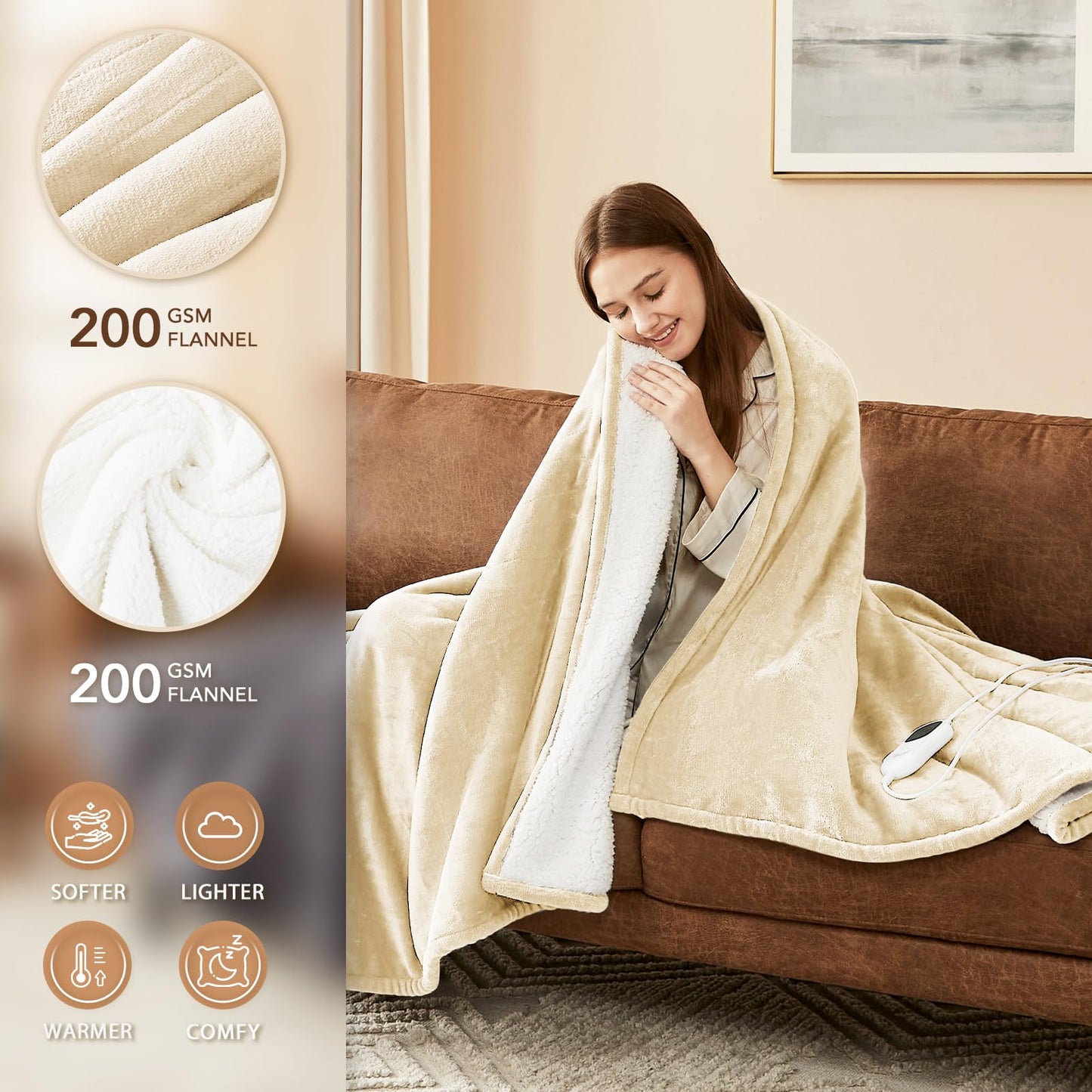 Homemate Heated Blanket Electric Throw - 50"x60" Heating Blanket Throw 1/2/4/6/8 Hours Auto-Off 10 Heat Level Over-Heat Protection Flannel Sherpa ETL Certification