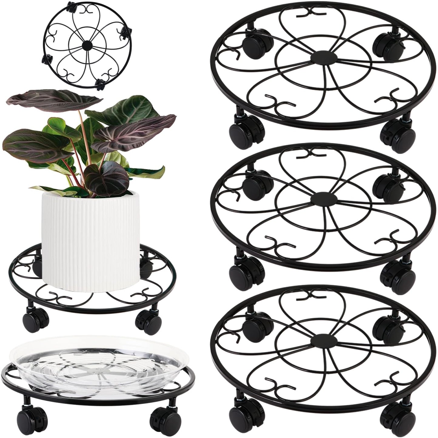 DEELF OUTLET 3 Packs 12 inches Large Metal Plant Caddy with Wheels Round Planter Dolly Pot Mover Rollers Wrought Iron Rolling Plant Stands Indoor Outdoor Wheeled Plant Holder Coaster Trolley, Black