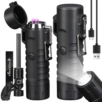 Scotte Plasma Windproof Arc Lighter Electric Lighter and LED Flashlight - 2 in 1 (Black)/5 in 1 Magnesium Fire Starter for Emergency Survival, Candle, Camping, Hiking, All Weather Magnesium Ferro Rod