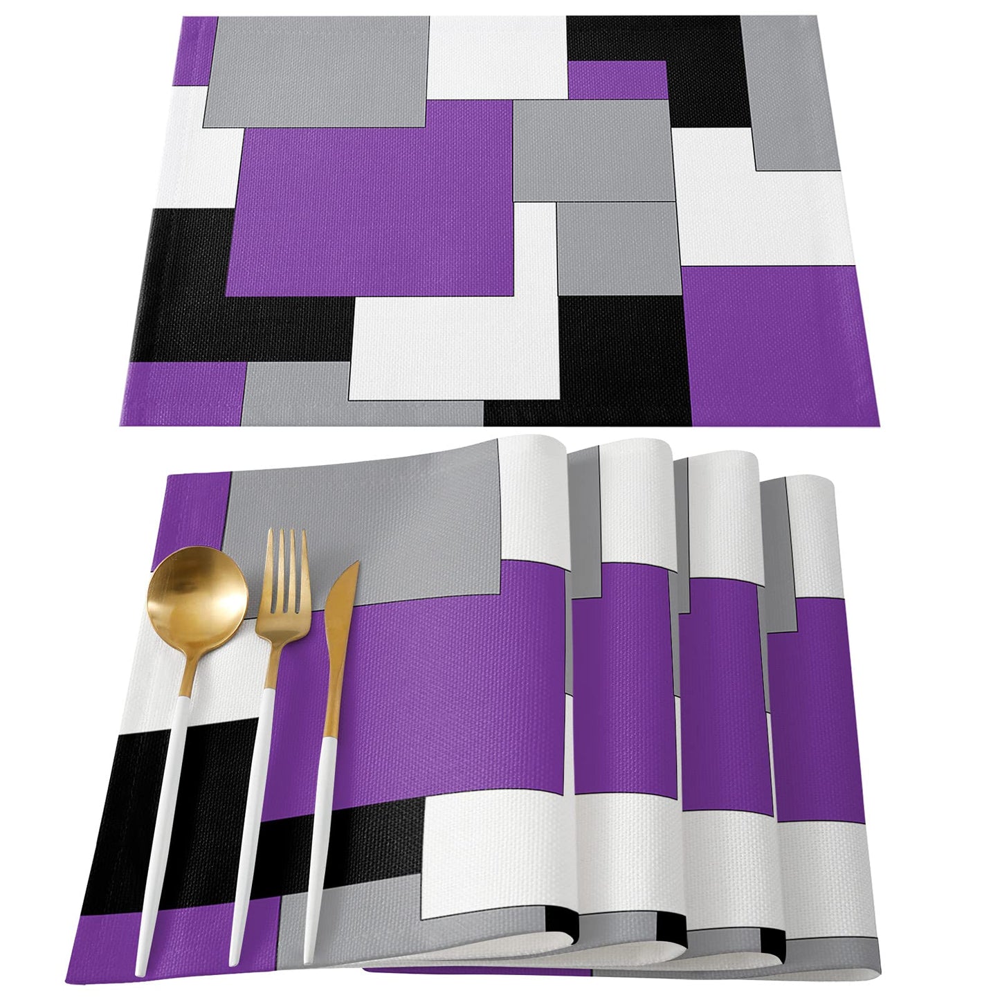 Placemats for Dining Table Set of 4, Abstract Art Patchwork Purple Black and Grey Kitchen Place Mats, Non-Slip Washable Table Mats, 13x19 in