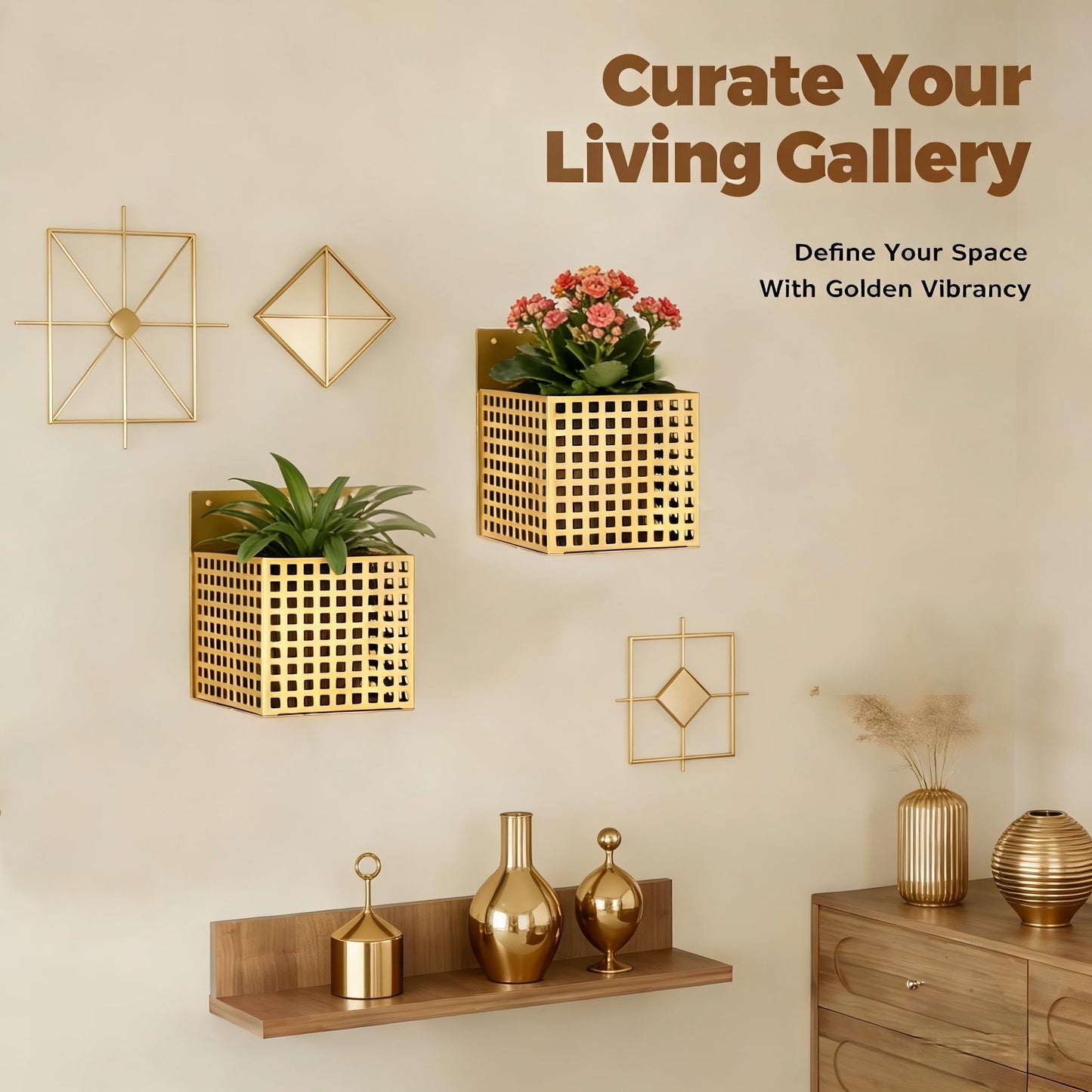 Gukoee Wall Planters for Indoor Plants, Wall Plant Holder Self-Watering Wall Vase for Live or Faux Plants,Indoor/Outdoor Modern Gold Plant Hangers Indoor, Spirit Level Included