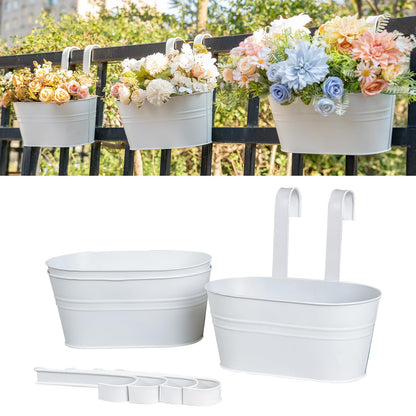 pansparade 3 Pack Metal Hanging Flower Pots for Railing Fence，Outdoor Balcony Rail Planter with Detachable Hooks Drainage Holes for Deck Garden Home Decor White