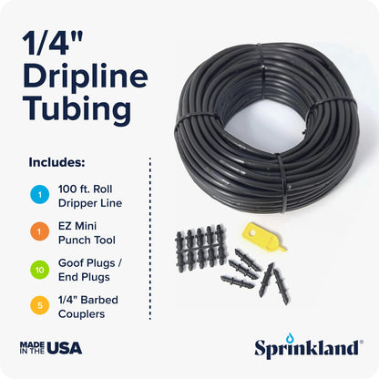 Sprinkland® 1/4" Dripline | Made in USA | 100' ft. Roll | 6" Emitter Spacing | Drip Irrigation Fittings Included