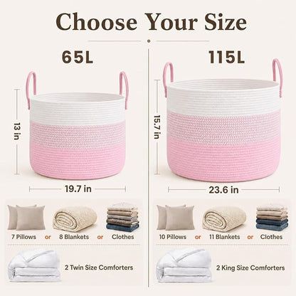 JMvicyroam 115L Extra Large Blanket Basket for Living Room - Woven Cotton Rope Laundry Hamper with Reinforced Handles - Storage Bin for Pillows, Comforters & Toys - Machine Washable,White&Pink Mix