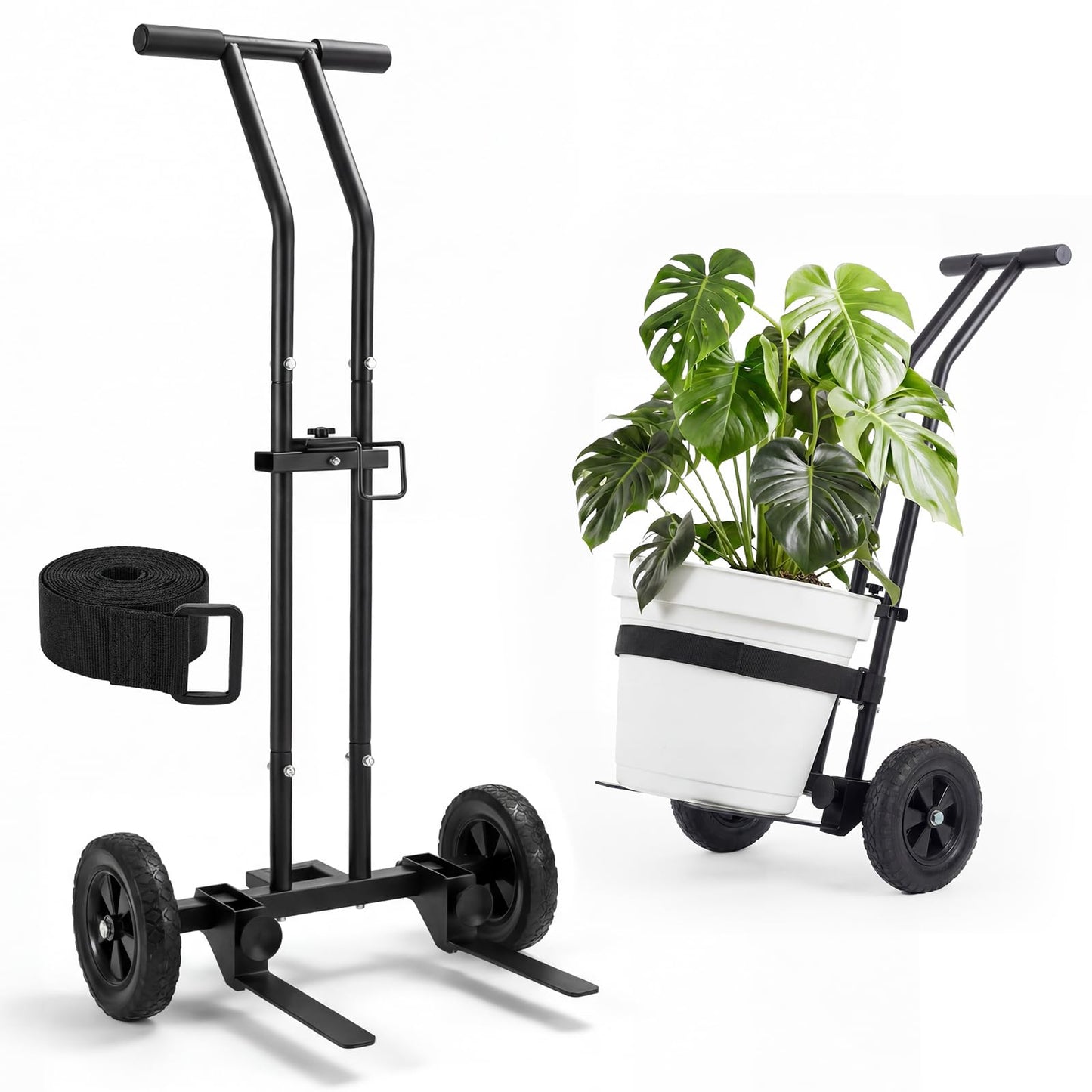 Heavy Duty Plant Caddy with Wheels, 175Lbs Adjustable Plant Dolly Cart with Grab Arm/Suction Cups/Strap, Dual Protection Potted Plant Mover Cart for Indoor Outdoor Garden Courtyard Office, Black
