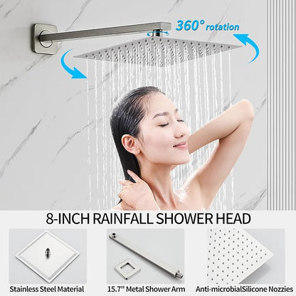 Brushed Nickel Rainfall Shower Head 8 Inch Set Faucet with Tub Spout and Handle System Square Wall Mount for Bathroom