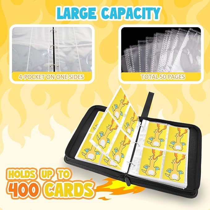 Premium Collectible Trading Card Albums，Card Binder Fits 400 Cards with 50 Removable Sleeves，Display Game Card Case book Holder, Fire Dragon Themes