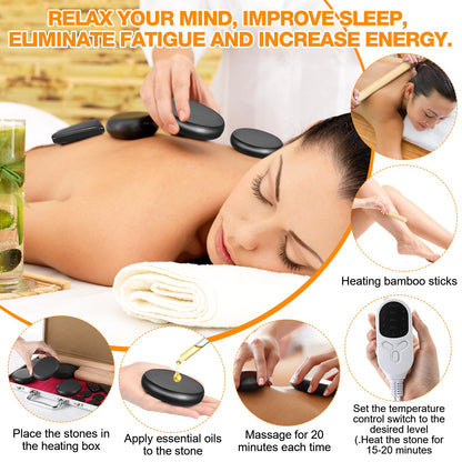 Yunsailing Hot Stones Massage Set with Warmer Kit Hot Rocks Massage Heater Kit with Adjustable Temperature Basalt for Home Spa, Pain Relief, and Relaxation (11 Stones and 3 Sticks)
