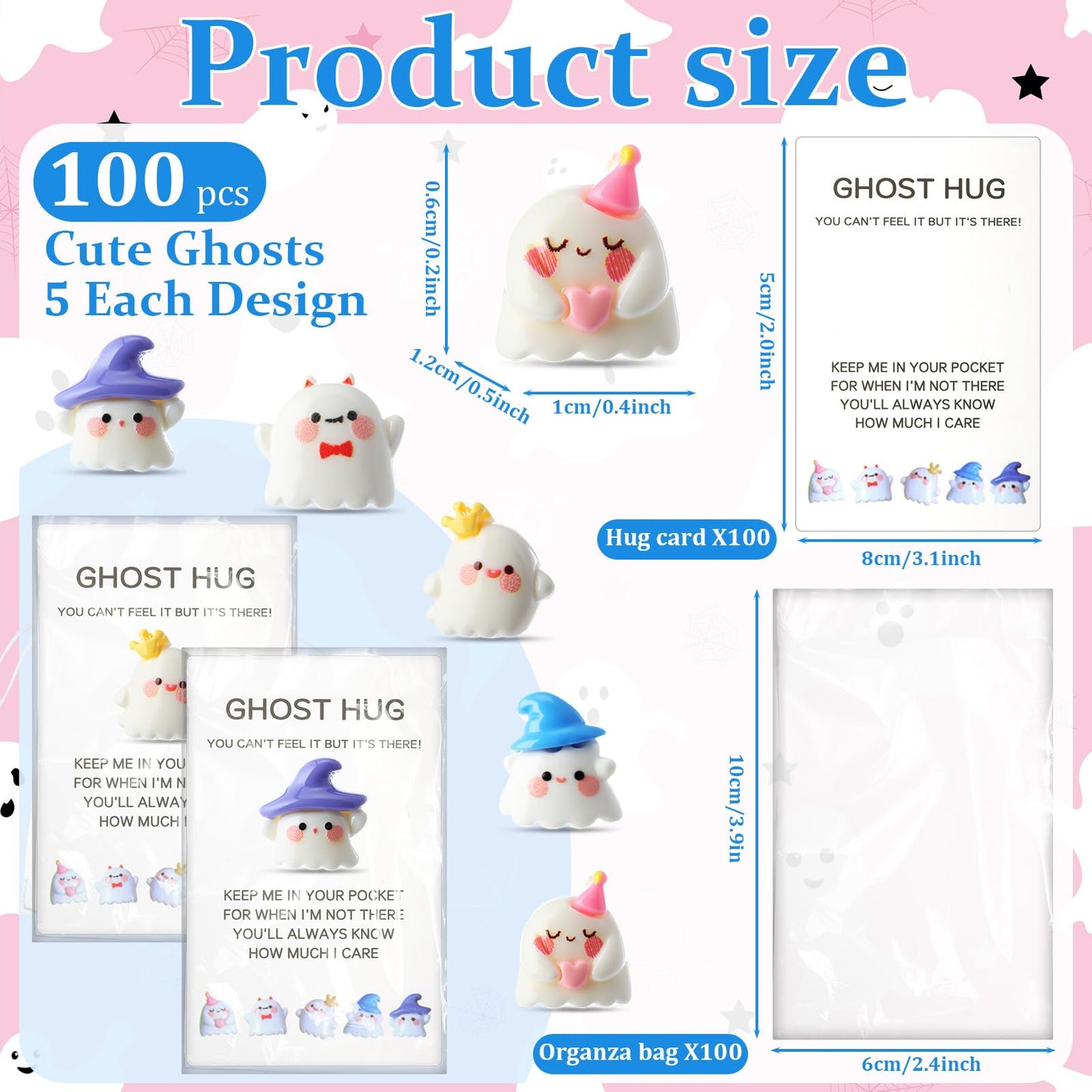 Fiwochic 100 Set Halloween Ghost Pocket Hug Token Gifts Bulk Mini Resin Ghosts Figurines with Cards and Bags Cute Miniature Halloween Party Favors Classroom Rewards Trick or Treat Goodies Bag Filler