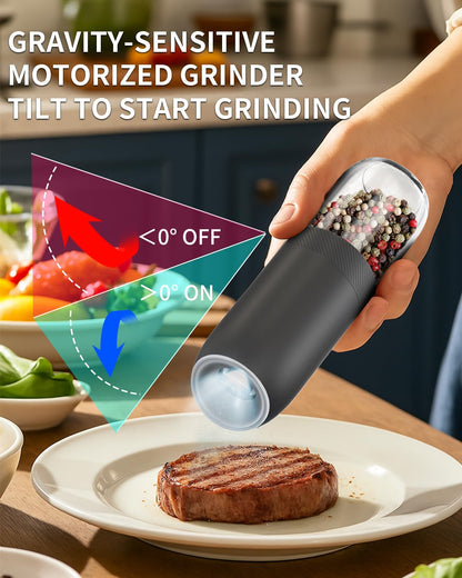 CIRCLE JOY Gravity Electric Salt and Pepper Grinder Set Battery Powered Automatic Pepper Mill Grinders with 176ml Container, Adjustable Coarseness, Bright LED Light and One Hand Operation, Black