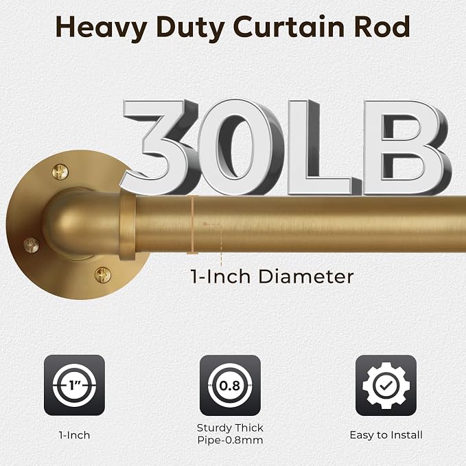 Zeerobee Curtain Rods for Windows 32 to 48, 1 Inch Industrial Wrap Around Warm Gold Curtain Rod, Indoor/Outdoor Room Divider Adjustable Drapery Pole, 32"-48"