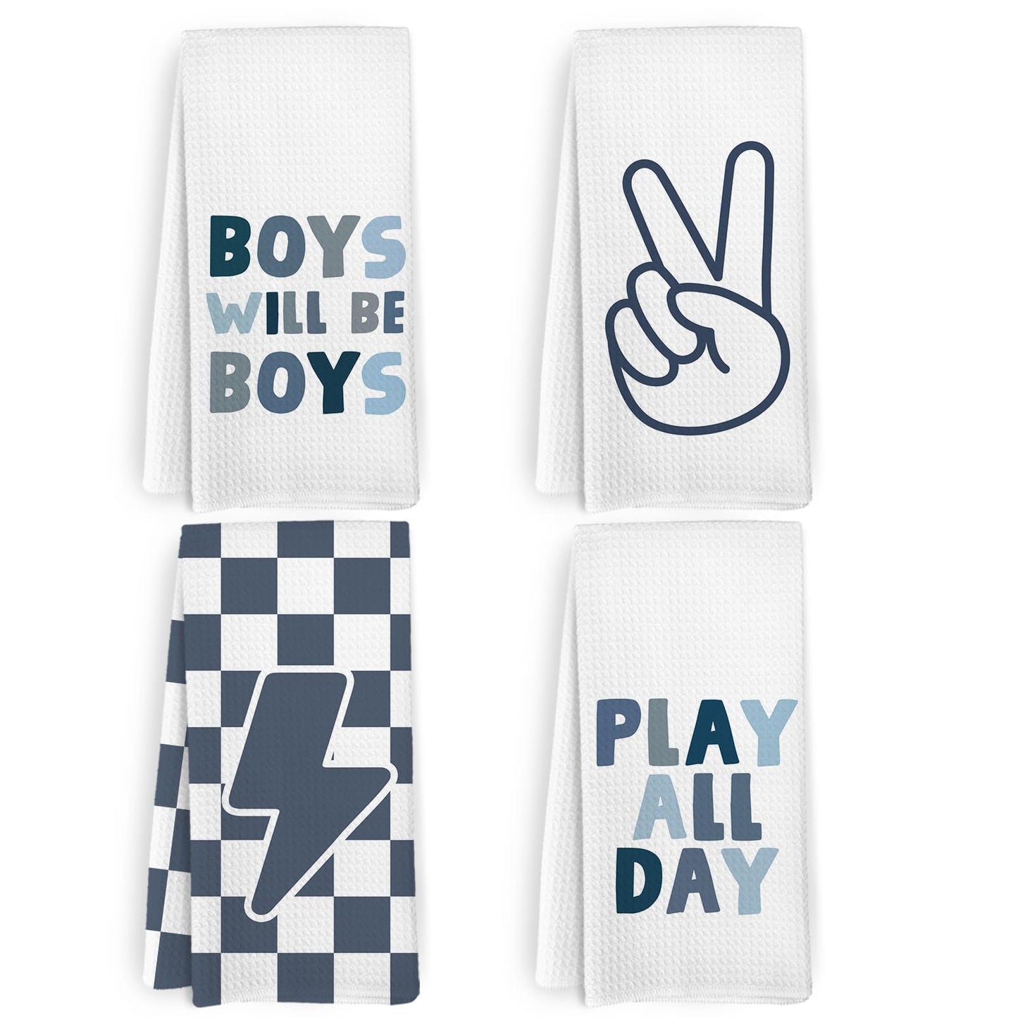 KFXHANGD Blue Boys Kids Hand Tea Towel Set of 4 for Bathroom, Blue Checkered Dish Towels, Motivational Affirmation Decorative Dish Tea Towel for Kitchen, Boys Bathroom Decor, 16x24 Inches