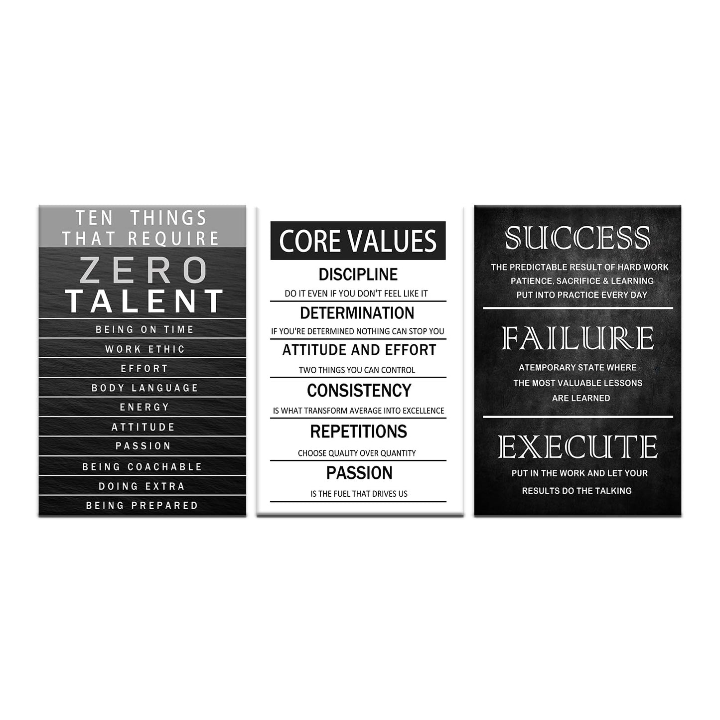 Zero Talent Poster Motivational Office Quotes Wall Art Core Values Inspirational Wall Decor Canvas Print 3 Panel Picture Artwork for Living Room Bedroom Home Decor Framed Ready to Hang [48''Wx 24''H]