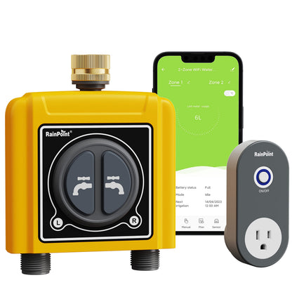 RAINPOINT WiFi Water Timer with Brass Inlet, 2 Outlets Sprinkler Timer,Automatic Irrigation System Controller, APP & Voice Control, Irrigation by Weather/Quantity/Soil Moisture