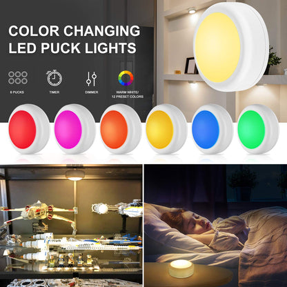 BLS LED Puck Lights with Remote Control, Wireless Under Cabinet & Closet Lighting, RGB 13 Color Changing Lights with Dimmer, Timer & AA Battery Operated, Push, Touch, Stick on for Night, White, 2 Pack