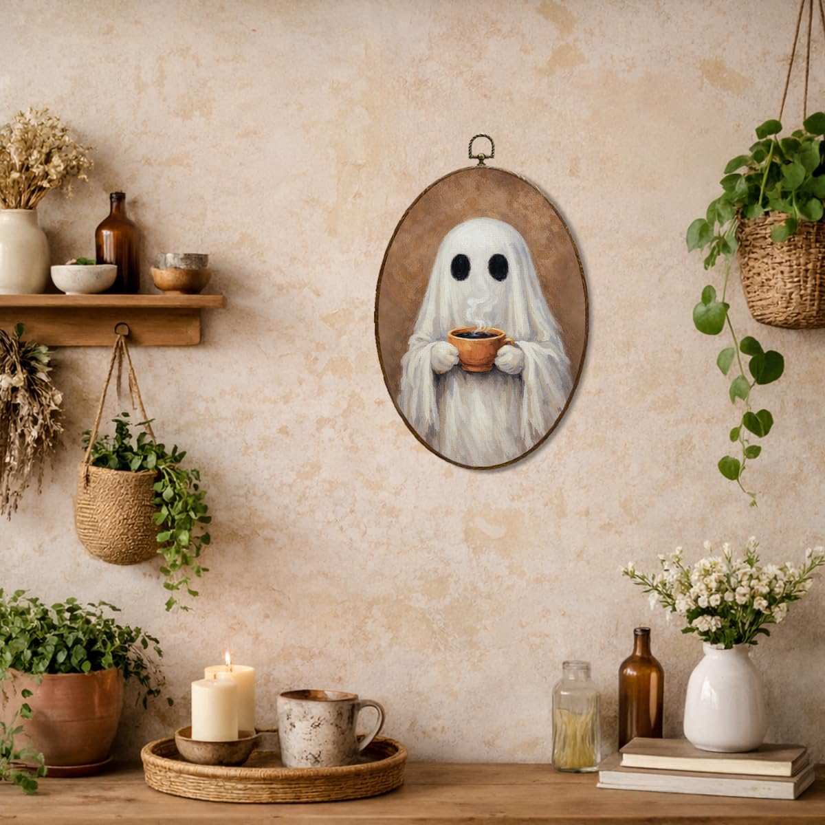 Ghost Drinking Coffee Cup Oval Wall Art, Cozy Spooky Decor for Kitchen Dining Room Living Room, Whimsical Decoration for Coffee Lovers 8.5×11.5 Inch