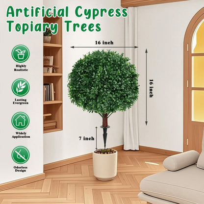 Grooy Artificial Boxwood Topiary Ball Tree with Ground Spike, Set of 2 Artificial Shrub Bushes, Fake Evergreen Tree for Porch, Artificial Plants for Outdoor Planters Indoor UV Resistant