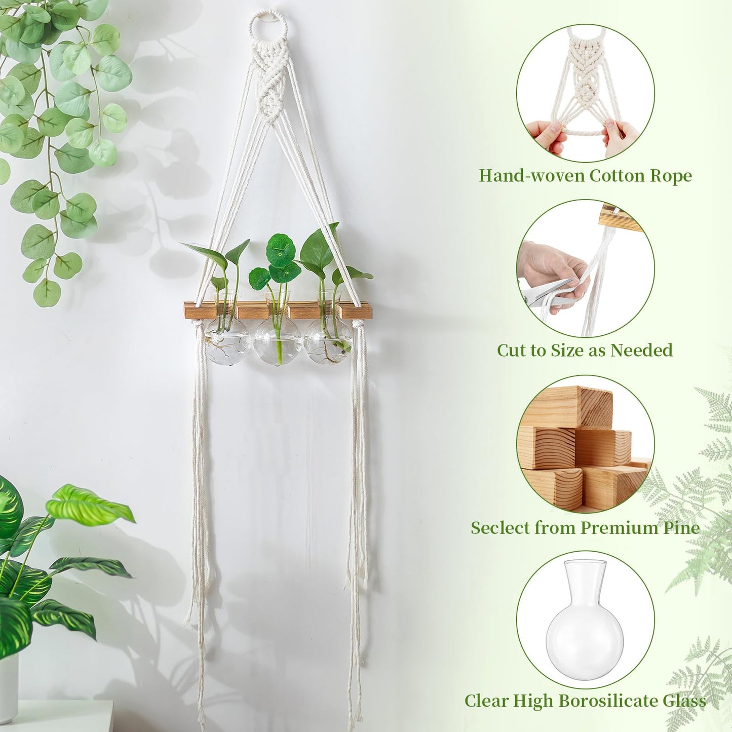 Glasseam Hanging Macrame Propagation Stations: Wall Window Glass Propagation Vases for Hydroponics Plants - Boho Decor Small Plant Terrarium Jars - Gifts for Women Mom Plants Lovers