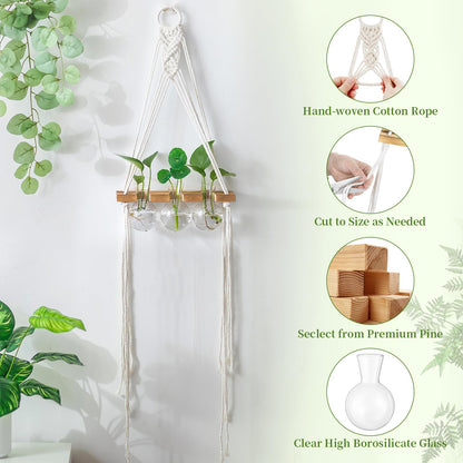 Glasseam Hanging Macrame Propagation Stations: Wall Window Glass Propagation Vases for Hydroponics Plants - Boho Decor Small Plant Terrarium Jars - Gifts for Women Mom Plants Lovers