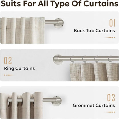 Zeerobee Curtain Rods for Windows 48 to 84, 1 Inch Industrial Wrap Around Brushed Nickel Curtain Rod, Indoor/Outdoor Room Divider Adjustable Drapery Pole, 48"-86"