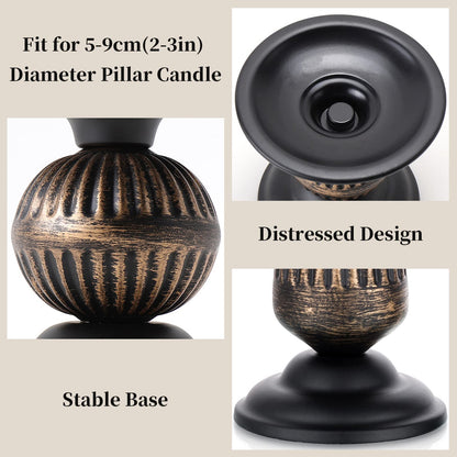 Sziqiqi Vintage Pillar Candle Holders Distressed Metal Candleholder Black Candlestick Holders Centerpiece Shabby Chic Ornaments for Coffee Dining Table Mantle Fireplace - Set of 2