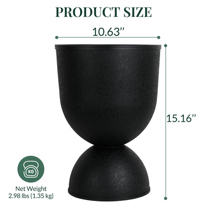 KOL Planters Flower Pots, Plastic Urn Planters for Indoor Outdoor Plants, Black Pedestal Planter Pots 2 Pack, 15 Inch Tall Decorative Planters with Drainage Holes & Plugs for Front Porch Patio Garden