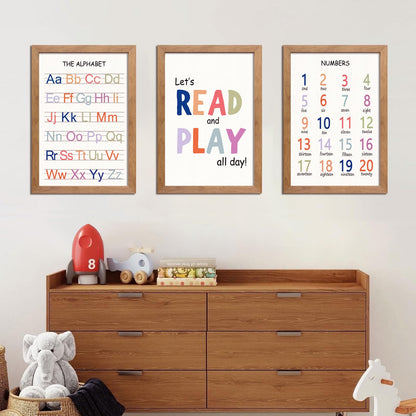 Cute Alphabet Numbers Framed Wall Art Set of 3, Boho Educational ABC Poster Wooden Sign for Baby Girl Kid Boy Toddlers, Neutral Preschool English Letters Nursery Decor for Homeschool Playroom Daycare