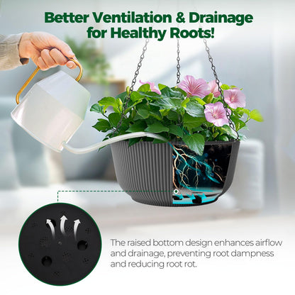 T4U 8 Inch Hanging Planters for Indoor Outdoor Plants, Self Watering Hanging Pot Pack of 2, Hanging Pots with Drainage Hole & Plug & Chain with 3 Hooks for Garden Home Decor, Grey