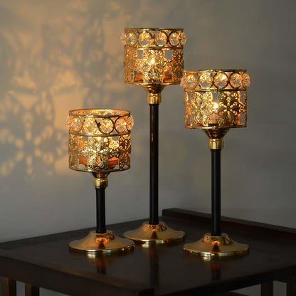 Kehail Set of 12 Floral-Carved Crystal & Metal Tealight Candelabras Bulk- Elegant Gold & Black Wedding Centerpiece, Dining Table Decor, Votive Candle Holders