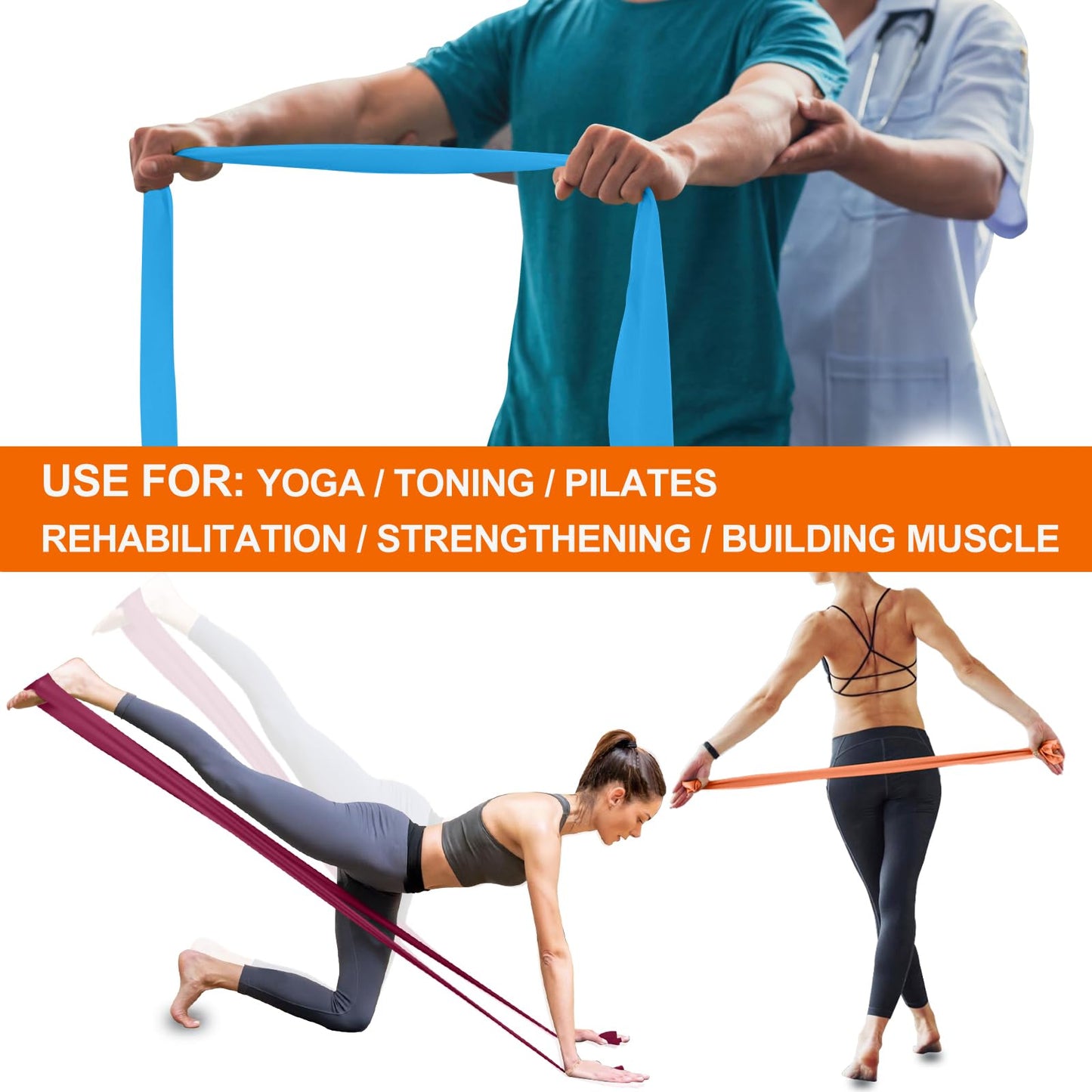 A AZURELIFE Resistance Bands,Professional Long Non-Latex Elastic Stretch Bands,Exercise Bands for Physical Therapy, Yoga, Pilates, Rehab, at-Home or The Gym Workouts, Strength Training