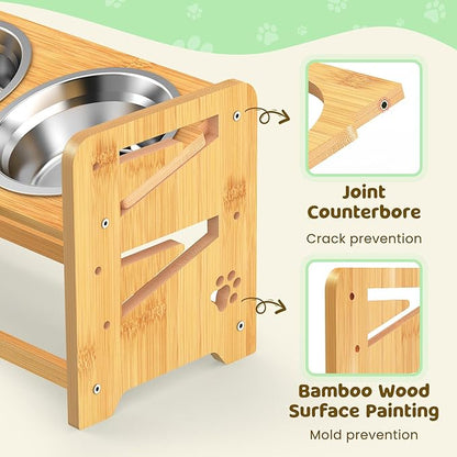 Elevated Dog Bowls, Adjustable Raised Dog Bowl Stand for Medium and Small Pet, 11" High Bamboo Pet Food Feeder with 2 Stainless Steel Dishes（4 Heights）